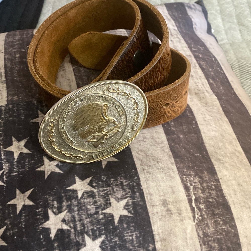 32” leather belt with North American Hunting Club buckle.